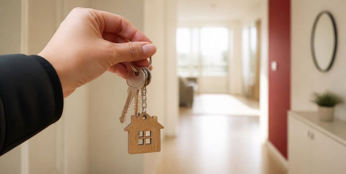 Main tenant des clés avec un porte-clés maison